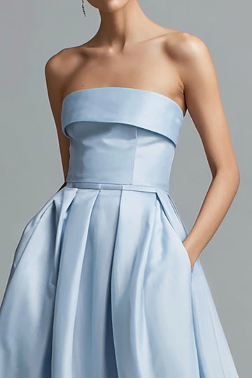 Strapless Sky Blue A Line Satin Formal Dress